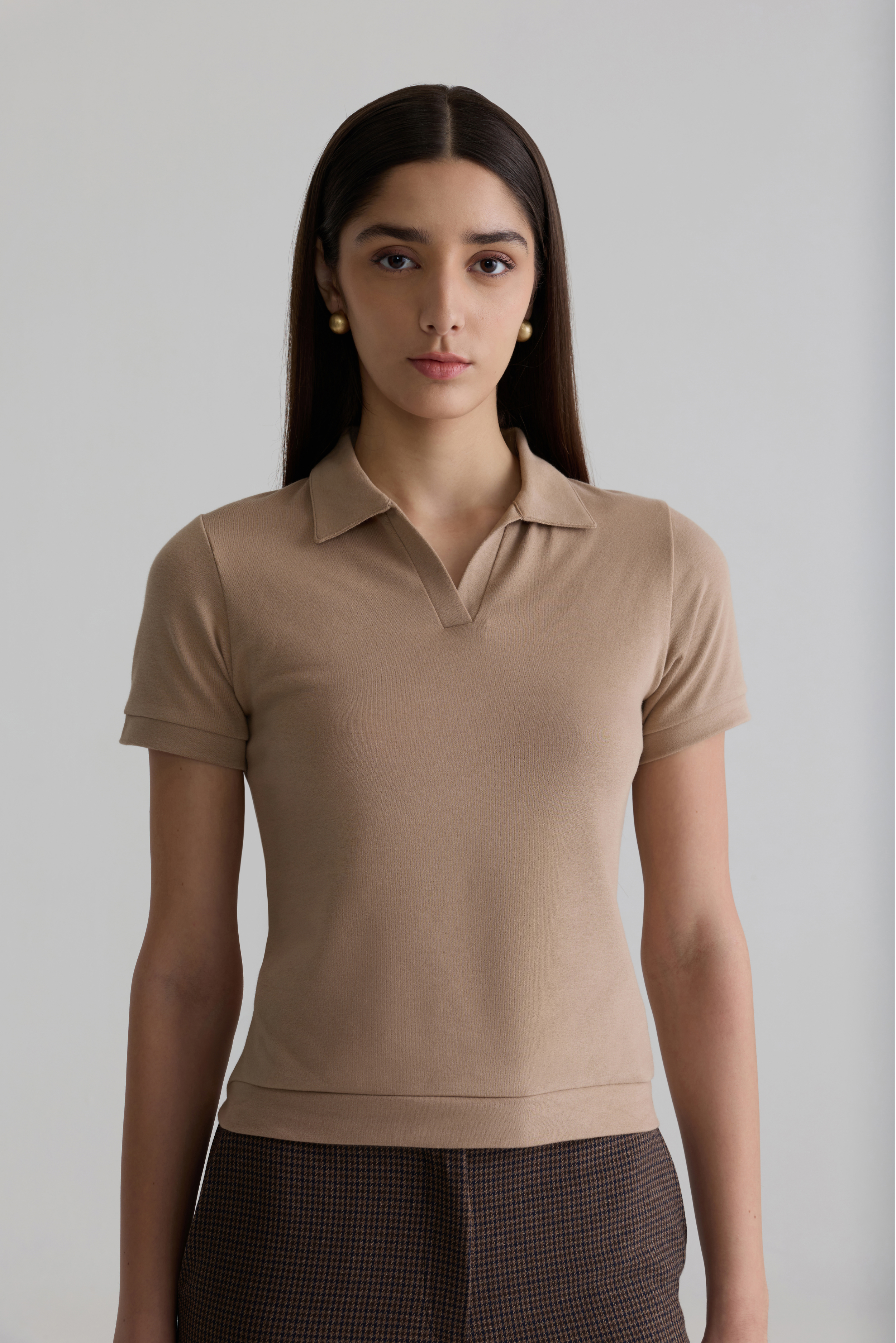 BEIGE - WOMEN V-NECK POLO