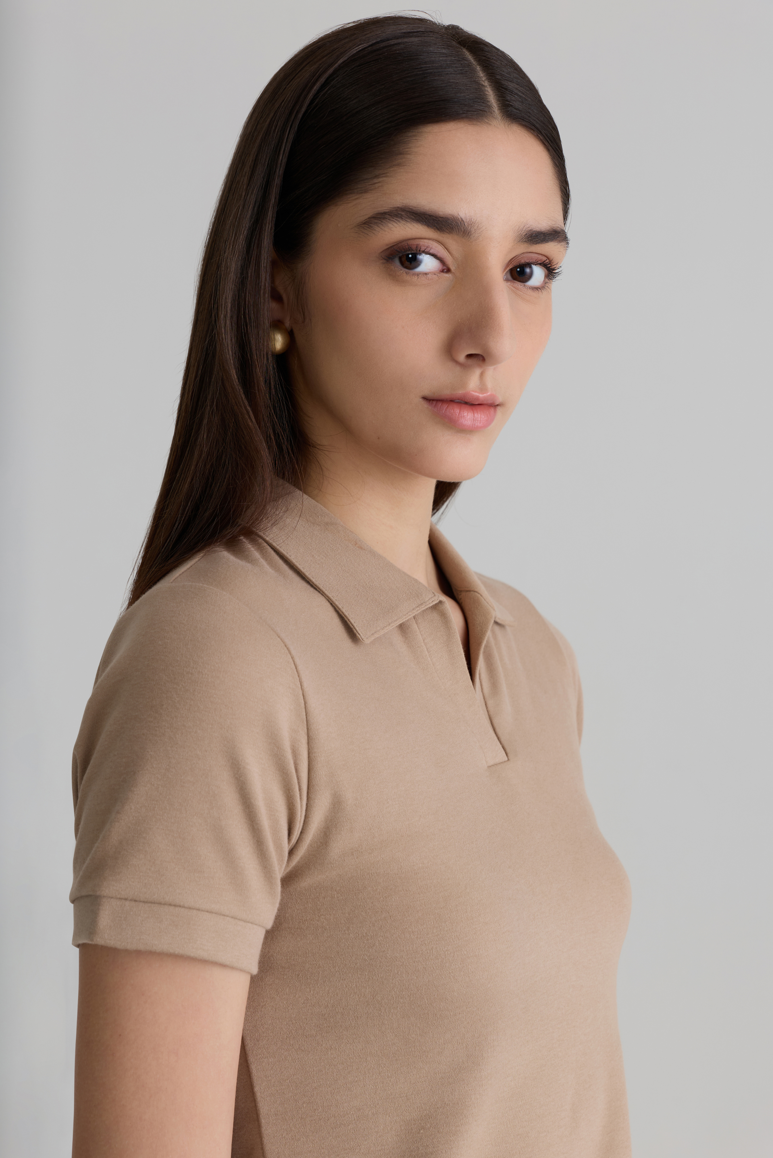 BEIGE - WOMEN V-NECK POLO